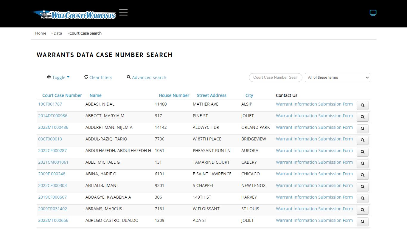 Court Case Search - Will County Warrants